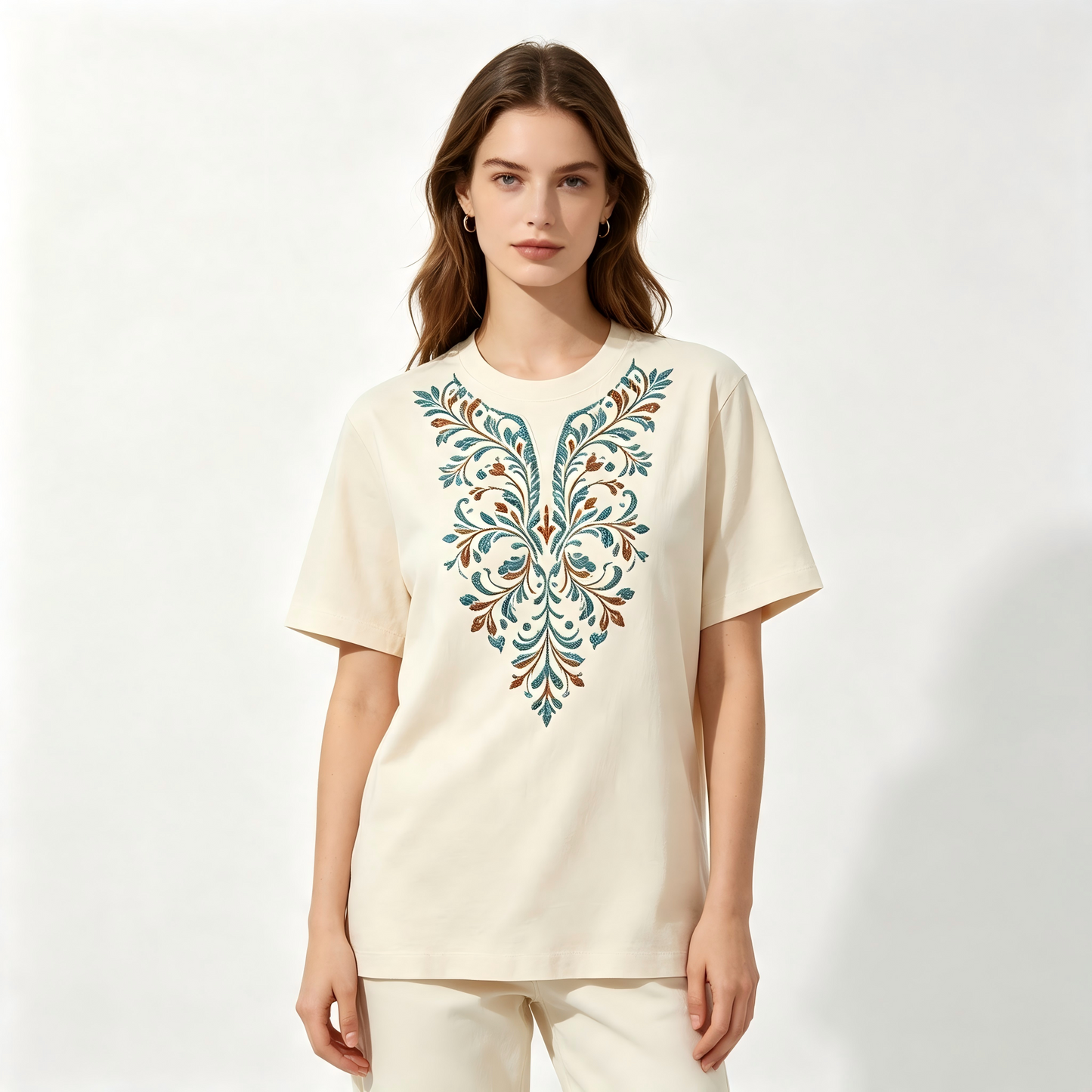 Women Cream Teal Botanical Vine V-Shaped Embroidery T-Shirt, Bohemian Indian Floral Short Sleeve Top