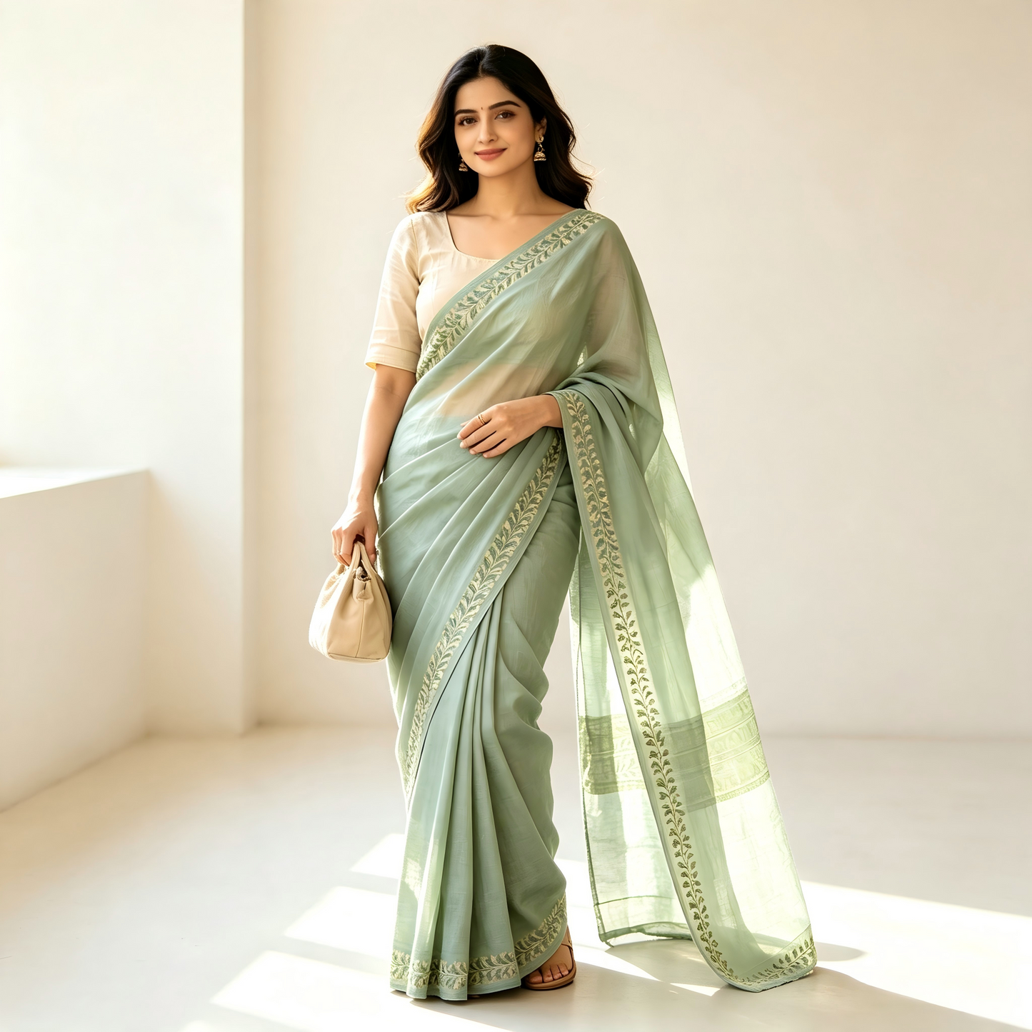 Olive Green Textured Handloom Cotton Linen Blend Saree | Minimal Plain Office Sari with Black Blouse Piece