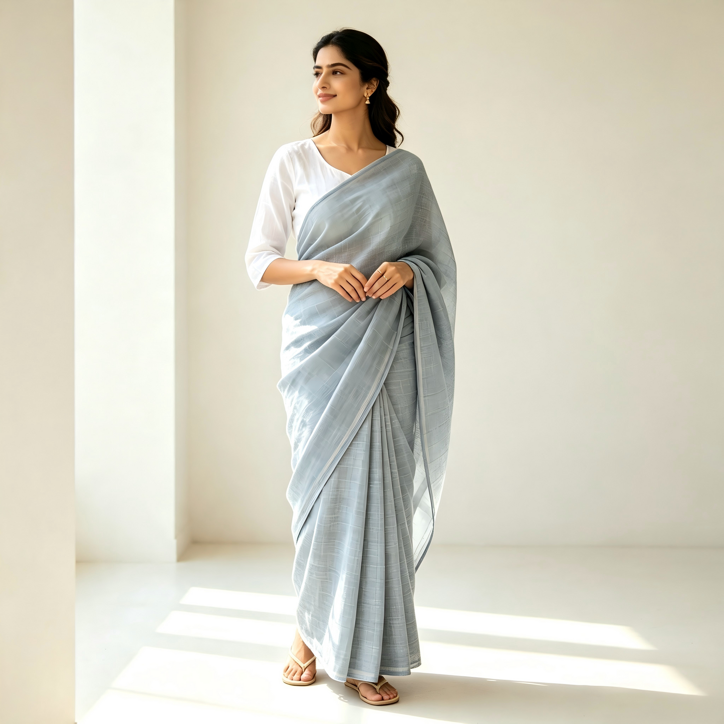 Soft Minimal Everyday Sari with White Cotton Blouse