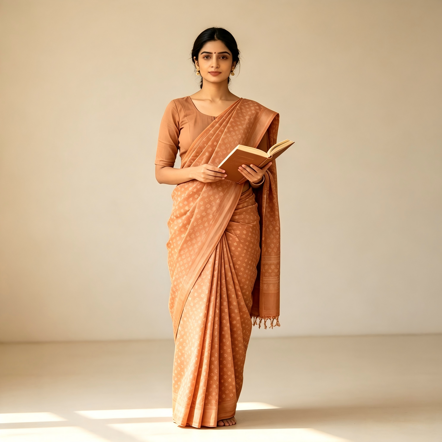 Terracotta Handloom Cotton Saree with Tiny Subtle Motifs