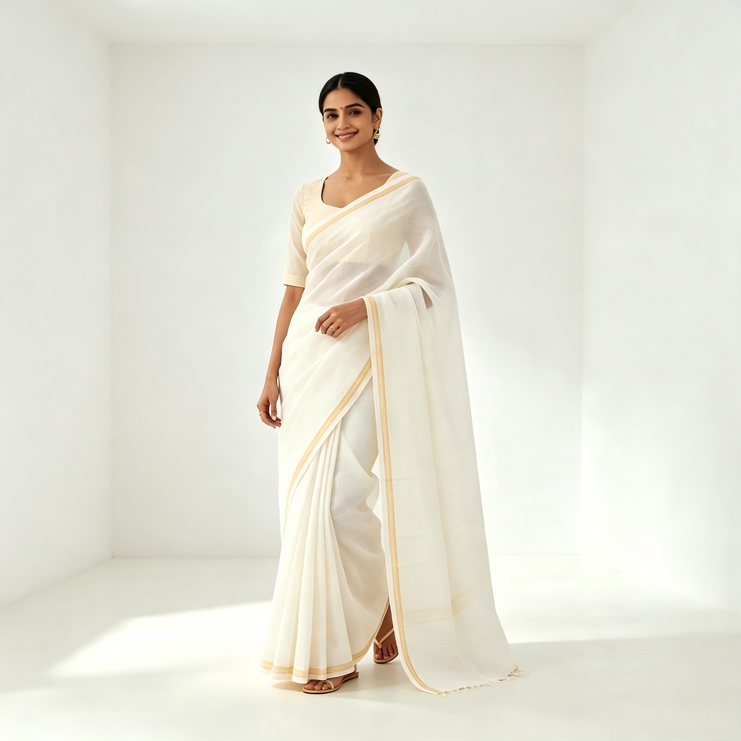 Ivory White Light Cotton Saree with Fine Gold Woven Border