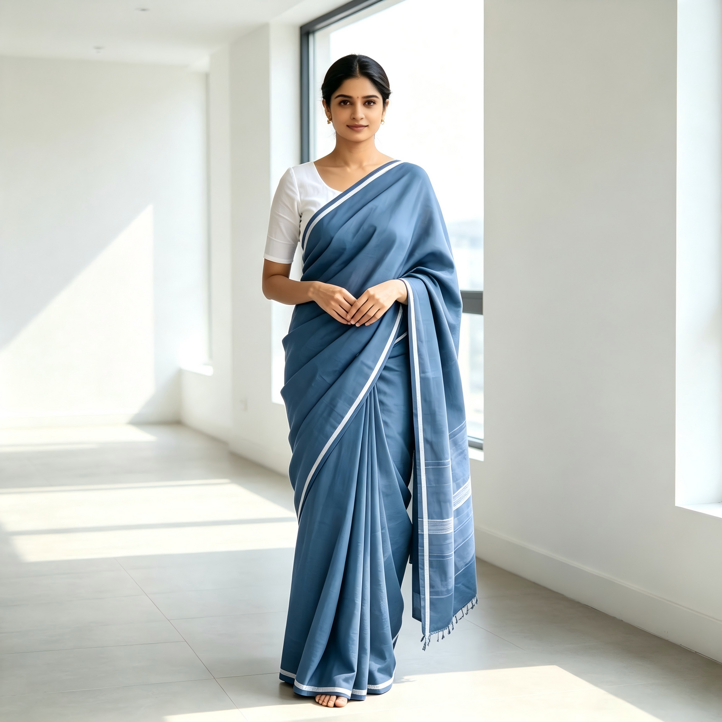 Deep Indigo Blue Cotton Saree with White Striped Border