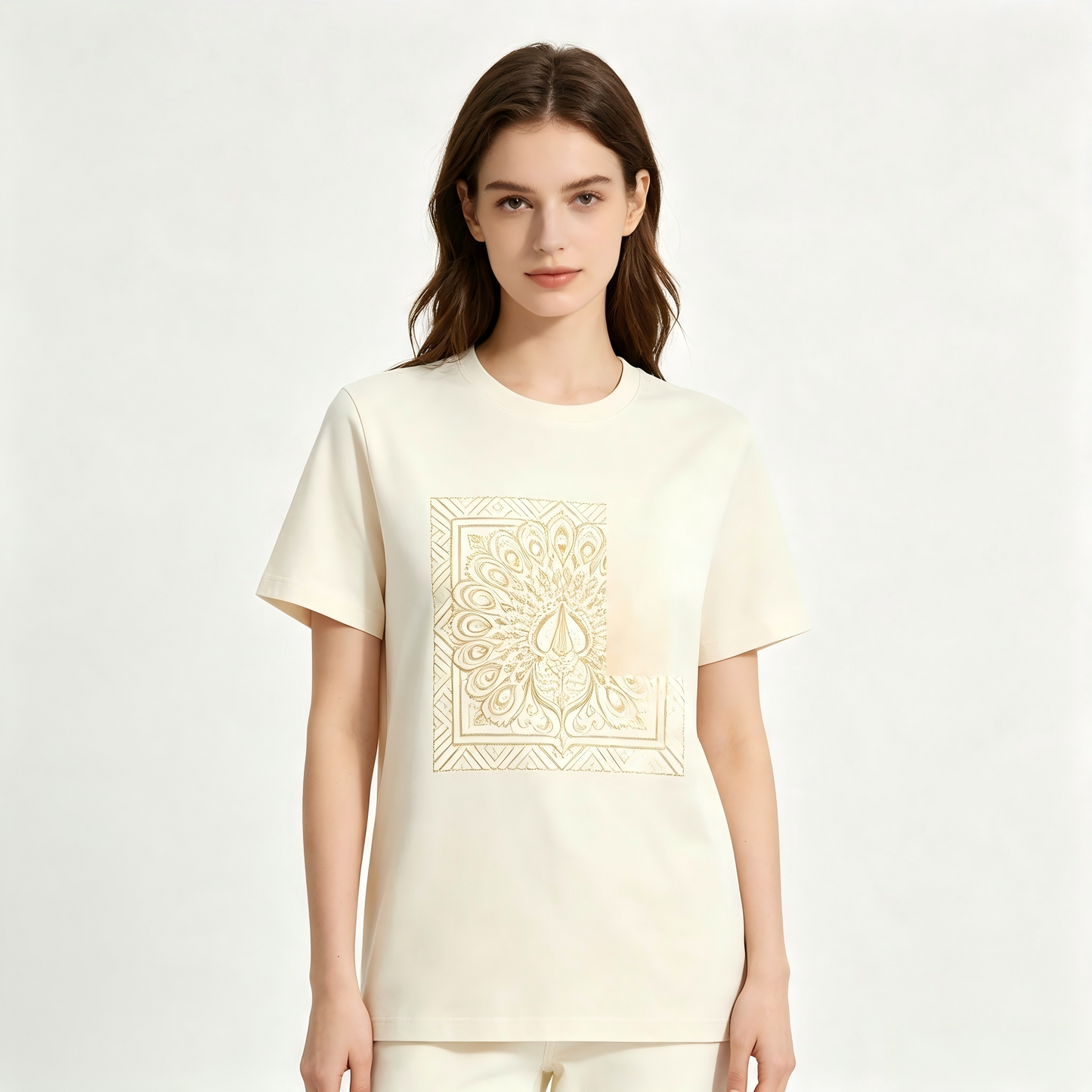 Women Cream Golden Peacock Mandala Square Embroidery T-Shirt, Luxury Indian Boho Short Sleeve Top