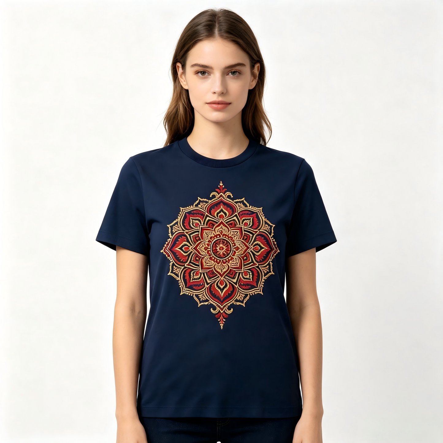 Women Navy Mandala Lotus Embroidery Short Sleeve T-Shirt, Indian Ethnic Floral Print Crew Neck Tee