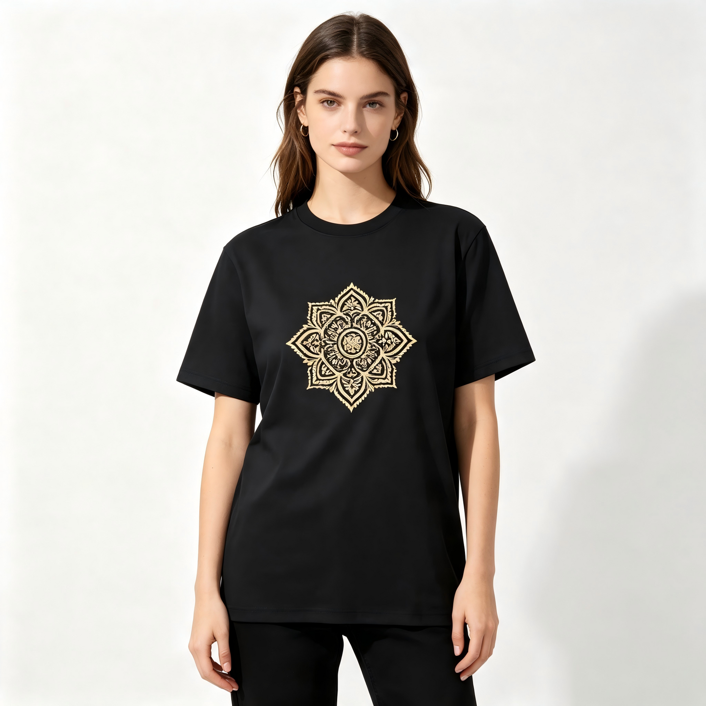 Women Black Gold Mandala Floral Embroidery Crew Neck T-Shirt, Boho Indian Ethnic Short Sleeve Top