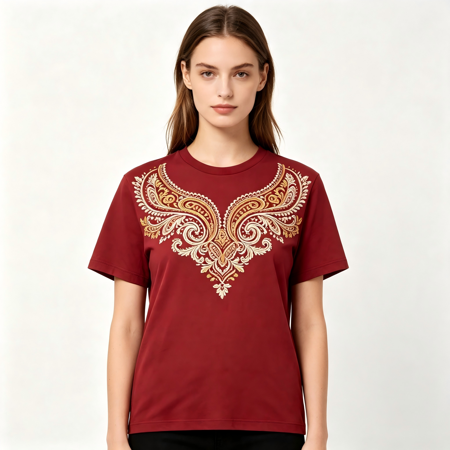 Women Burgundy Indian Paisley V-Shaped Embroidery Short Sleeve T-Shirt, Bohemian Floral Crew Neck Top