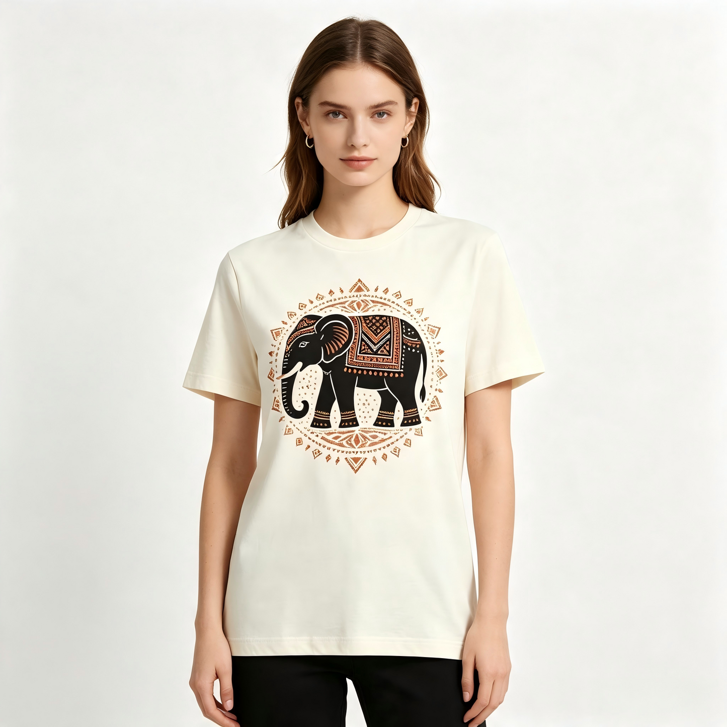 Women Cream Indian Elephant Mandala Print Crew Neck T-Shirt, Boho Ethnic Animal Short Sleeve Top