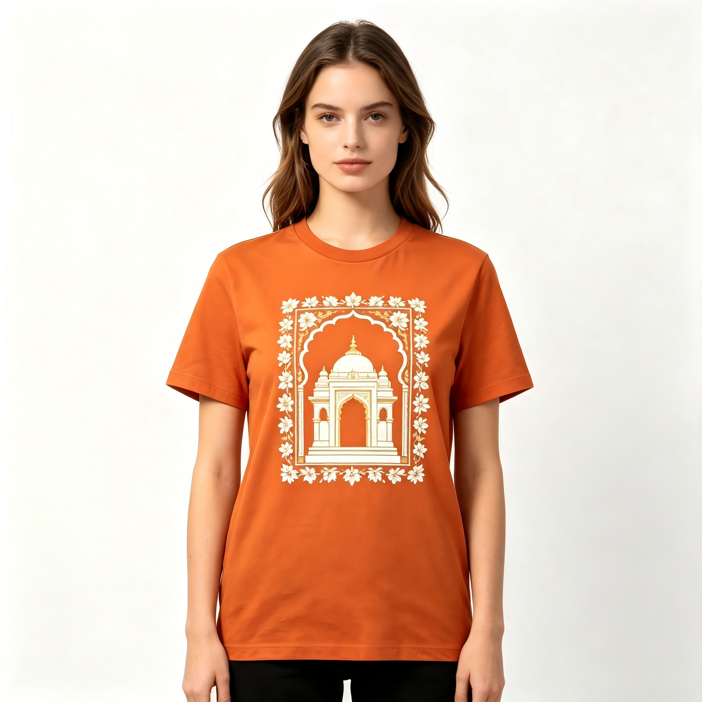 Women Orange Mughal Temple Floral Frame Embroidery T-Shirt, Ethnic Architecture Short Sleeve Top