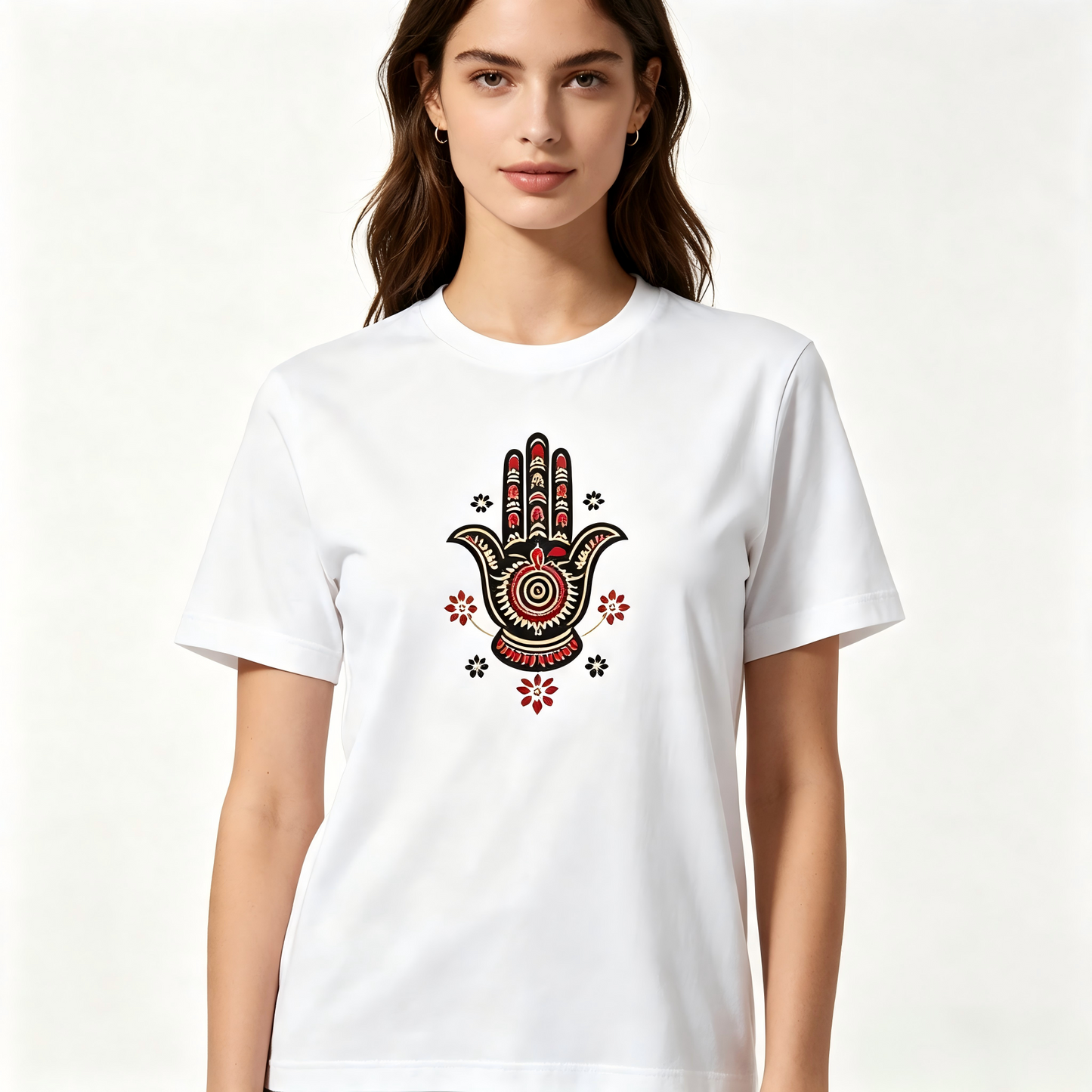 Women White Hamsa Hand Tribal Floral Print Crew Neck T-Shirt, Boho Protective Symbol Short Sleeve Top